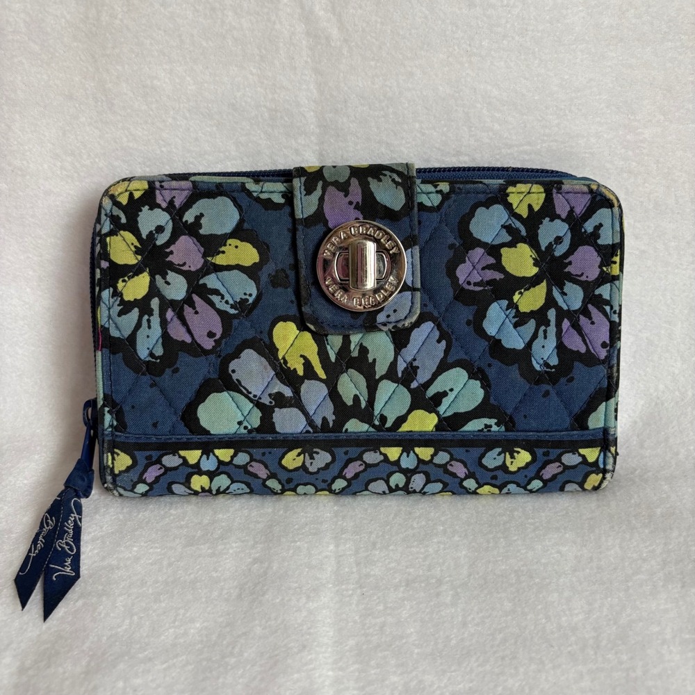 Vera Bradley Night and Day Floral Quilted Cotton Turnlock Zip Around Wallet